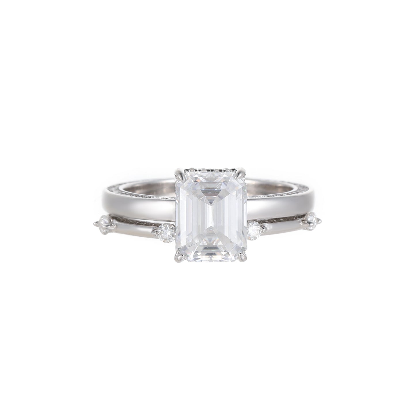 EMERALD CUT HIDDEN HALO MOISSANITE CLUSTER ENGAGEMENT RING SET (2.5 Carat)