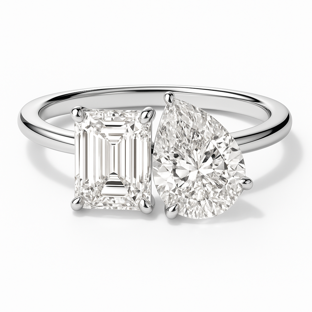 PEAR AND EMERALD CUT TOI ET MOI MOISSANITE ENGAGEMENT RING (3 Carat)