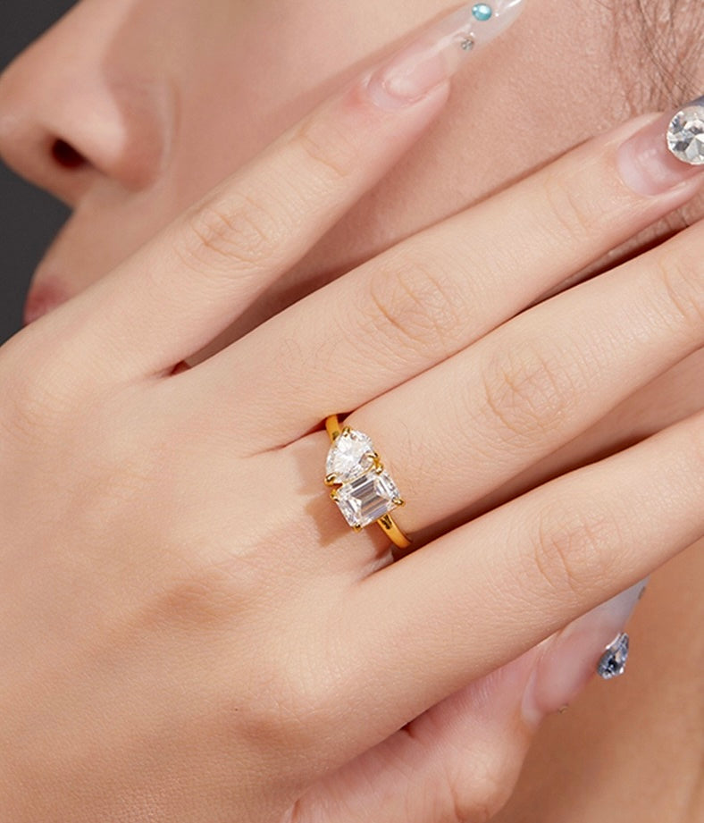 PEAR AND EMERALD CUT TOI ET MOI MOISSANITE ENGAGEMENT RING (3 Carat)