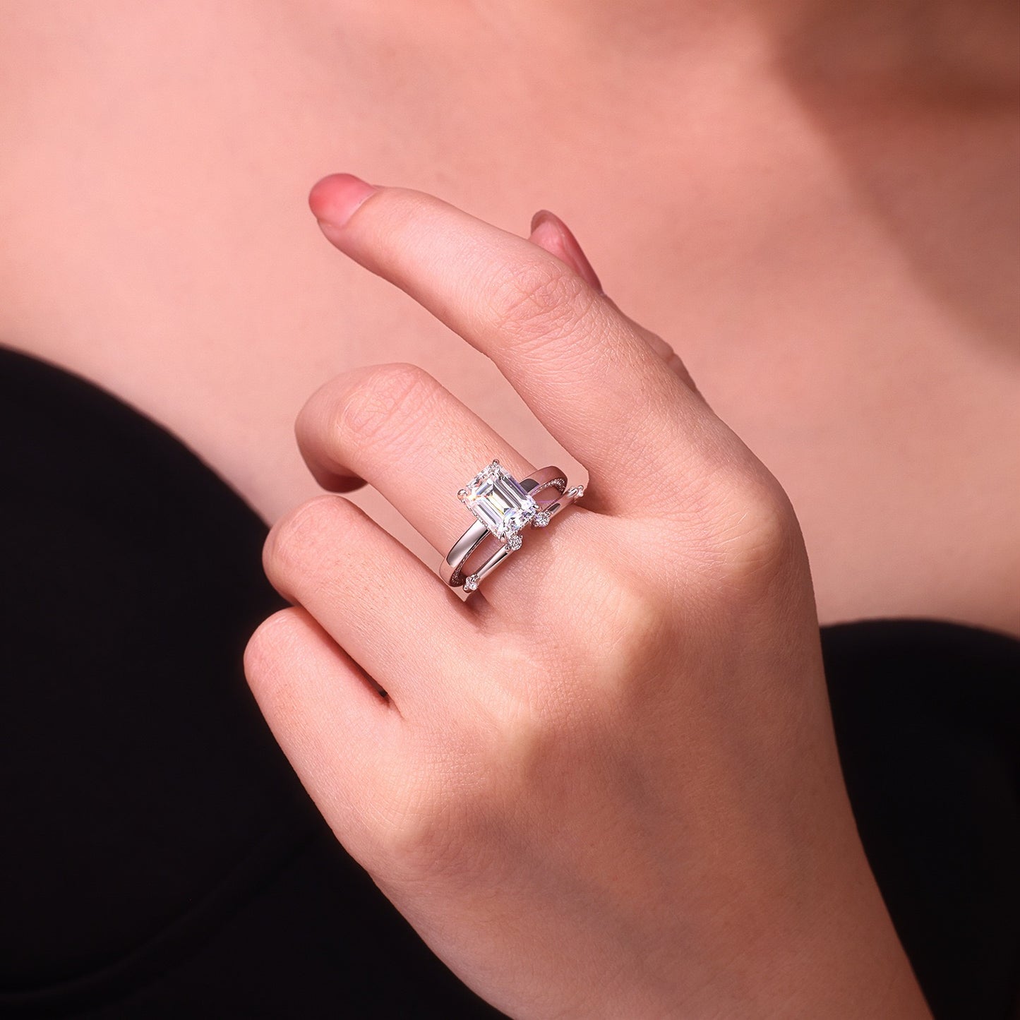 EMERALD CUT HIDDEN HALO MOISSANITE CLUSTER ENGAGEMENT RING SET (2.5 Carat)