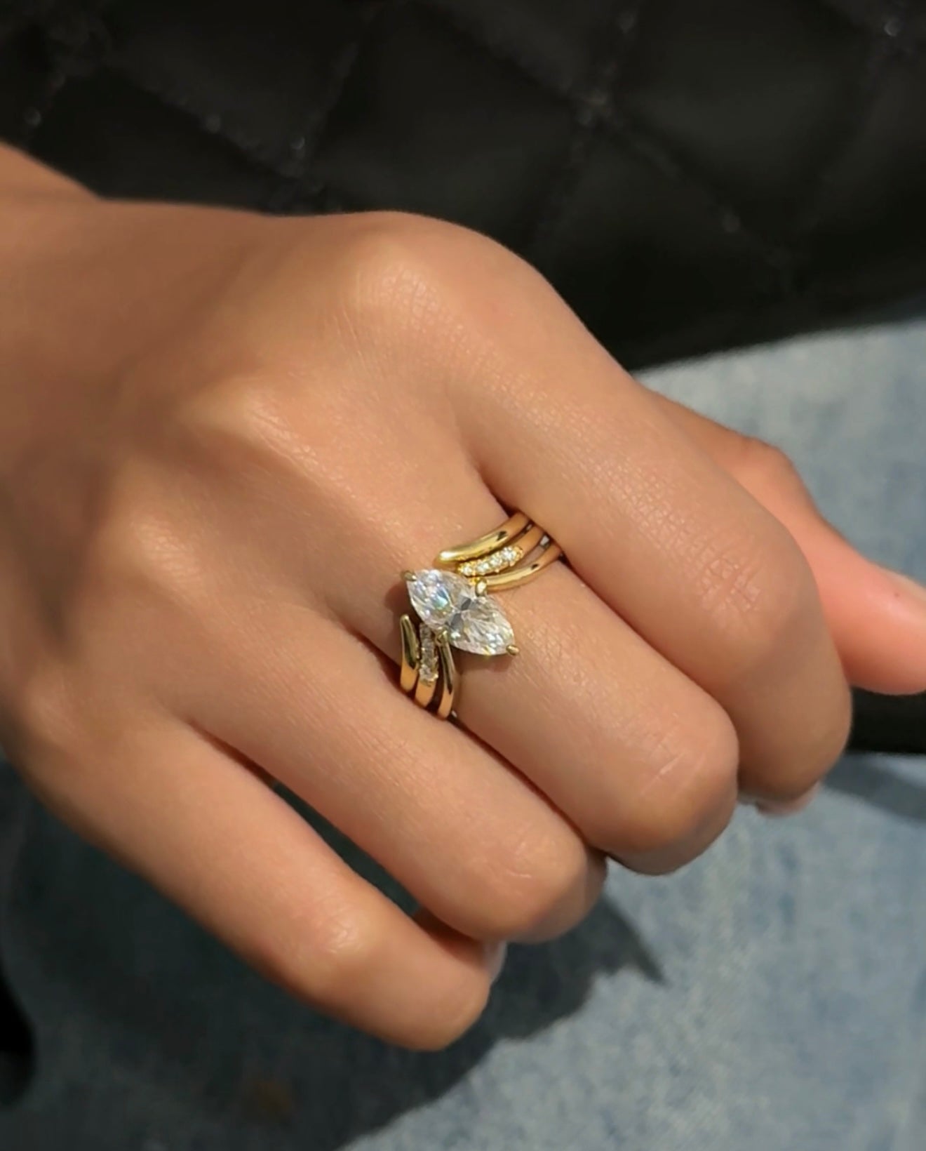 MARQUISE CUT MOISSANITE CLUSTER ENGAGEMENT RING SET