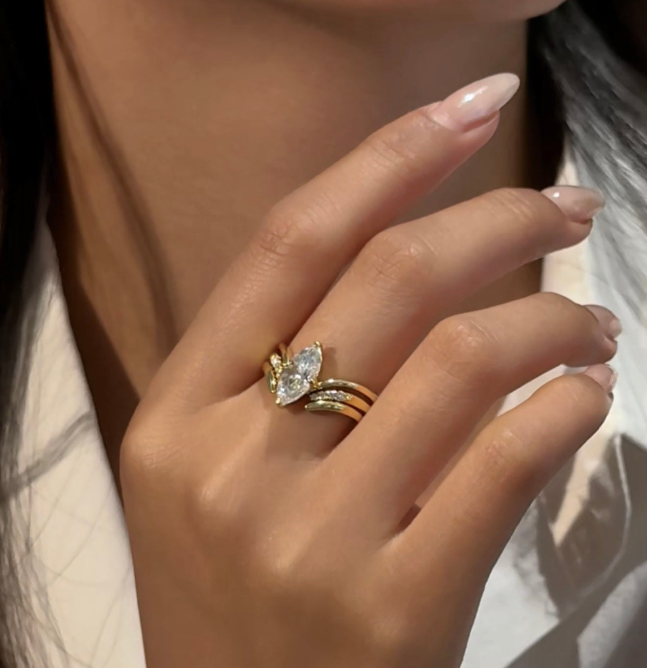 MARQUISE CUT MOISSANITE CLUSTER ENGAGEMENT RING SET