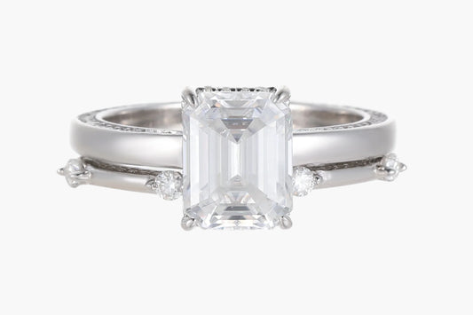 EMERALD CUT HIDDEN HALO MOISSANITE CLUSTER ENGAGEMENT RING SET (2.5 Carat)
