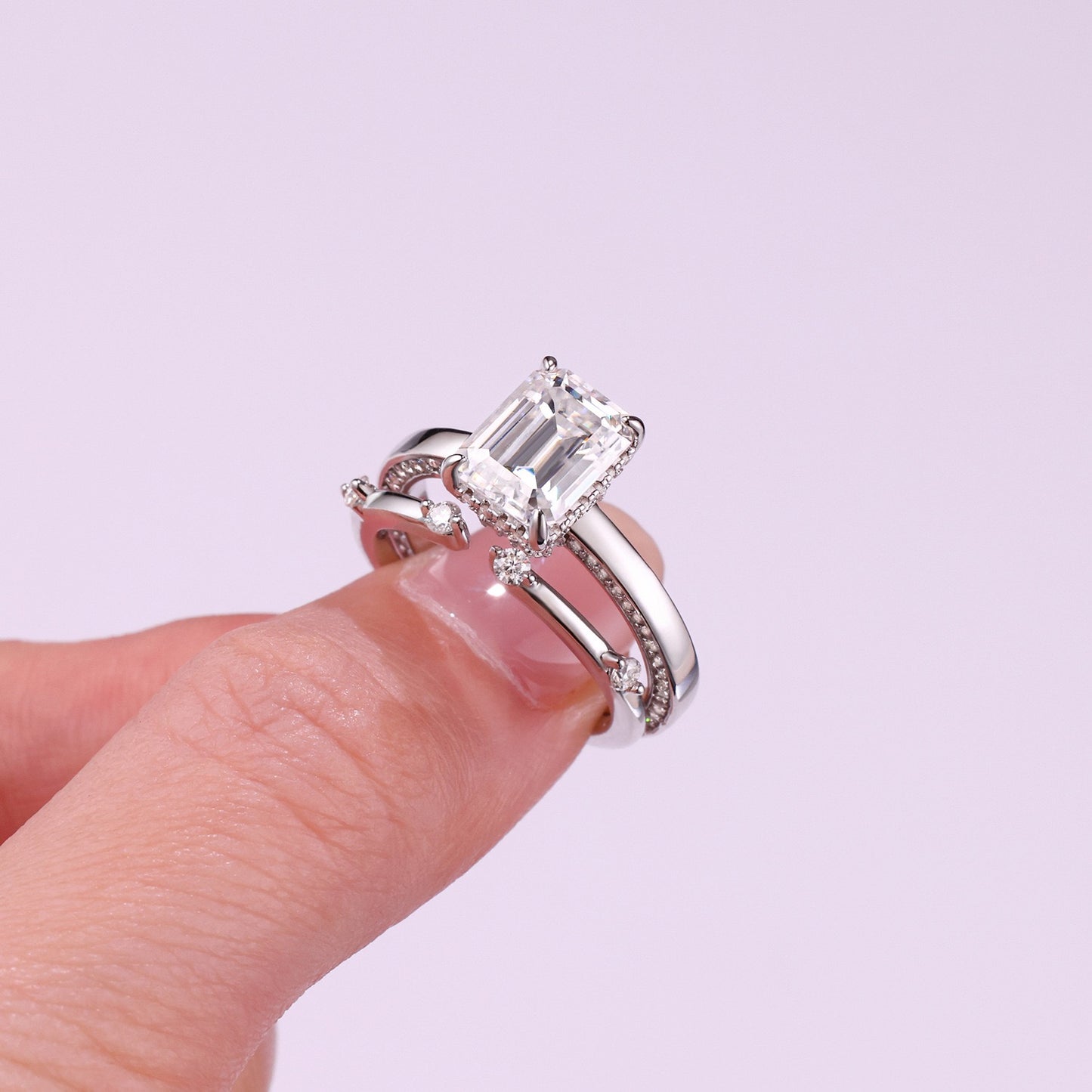EMERALD CUT HIDDEN HALO MOISSANITE CLUSTER ENGAGEMENT RING SET (2.5 Carat)