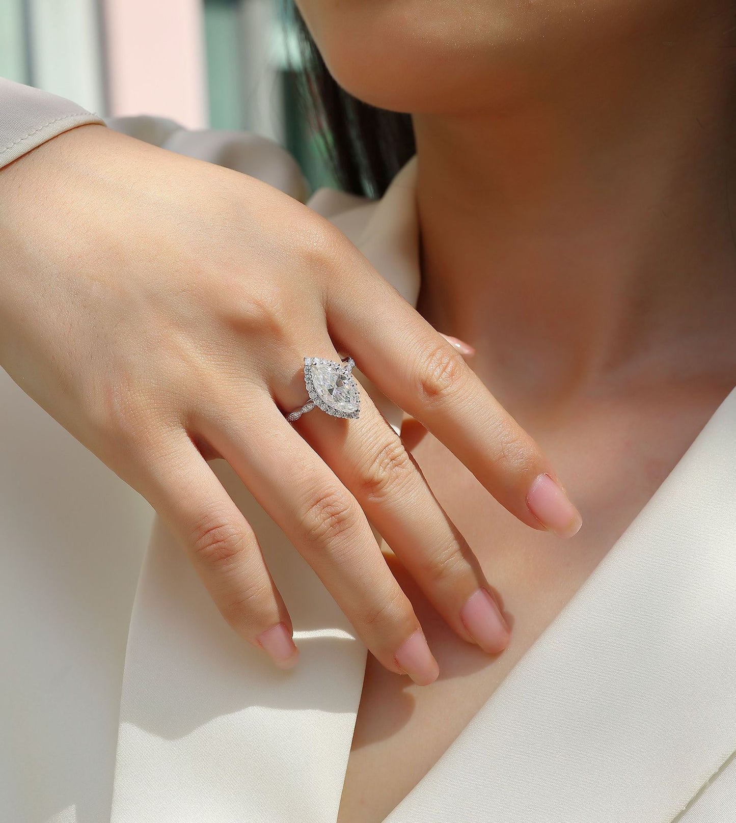 MARQUISE CUT HALO MOISSANITE ENGAGEMENT RING (5 Carat)