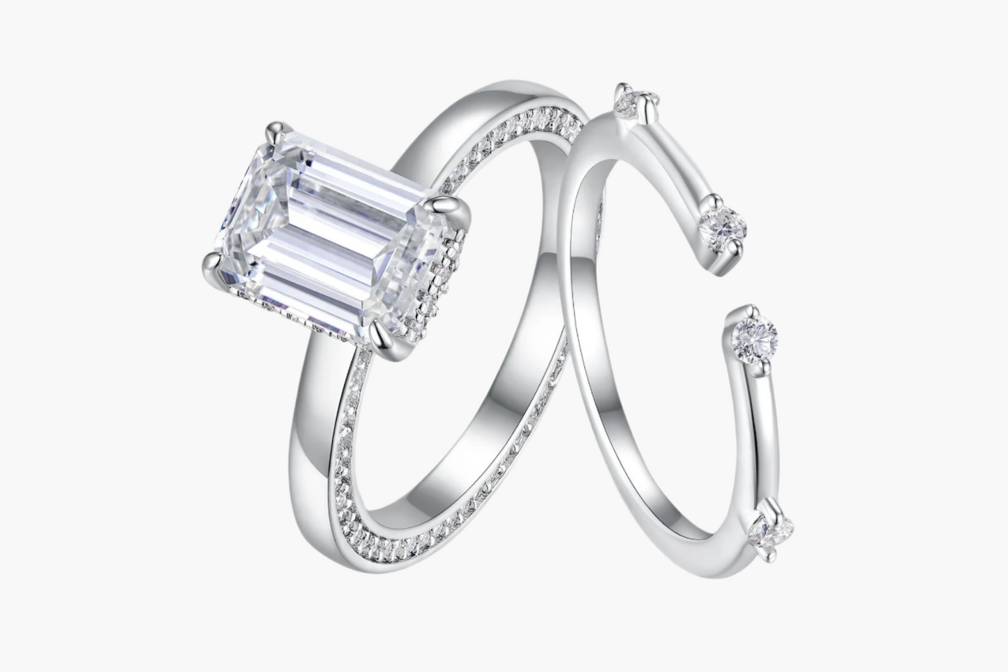EMERALD CUT HIDDEN HALO MOISSANITE CLUSTER ENGAGEMENT RING SET (2.5 Carat)