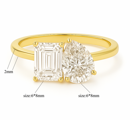 PEAR AND EMERALD CUT TOI ET MOI MOISSANITE ENGAGEMENT RING (3 Carat)